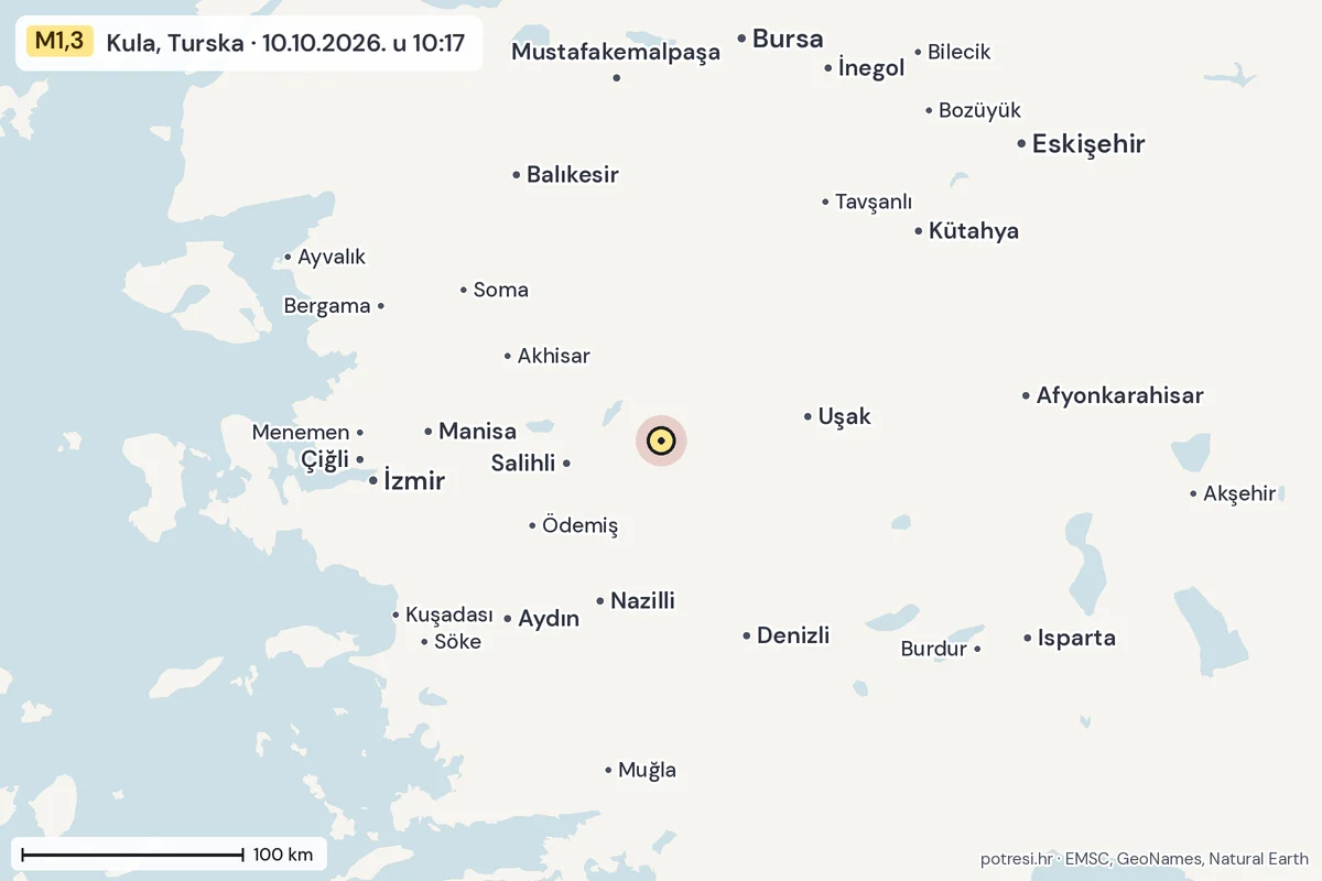 Karta: šire područje, 600 km, potres M1,3, Kula, Turska, 10.10.2026.