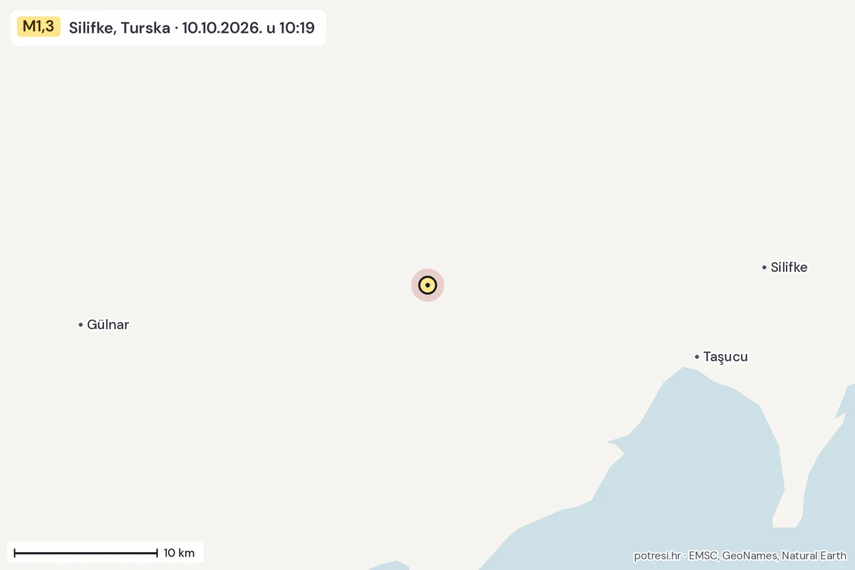 Karta: okolica epicentra, 60 km, potres M1,3, Silifke, Turska, 10.10.2026.
