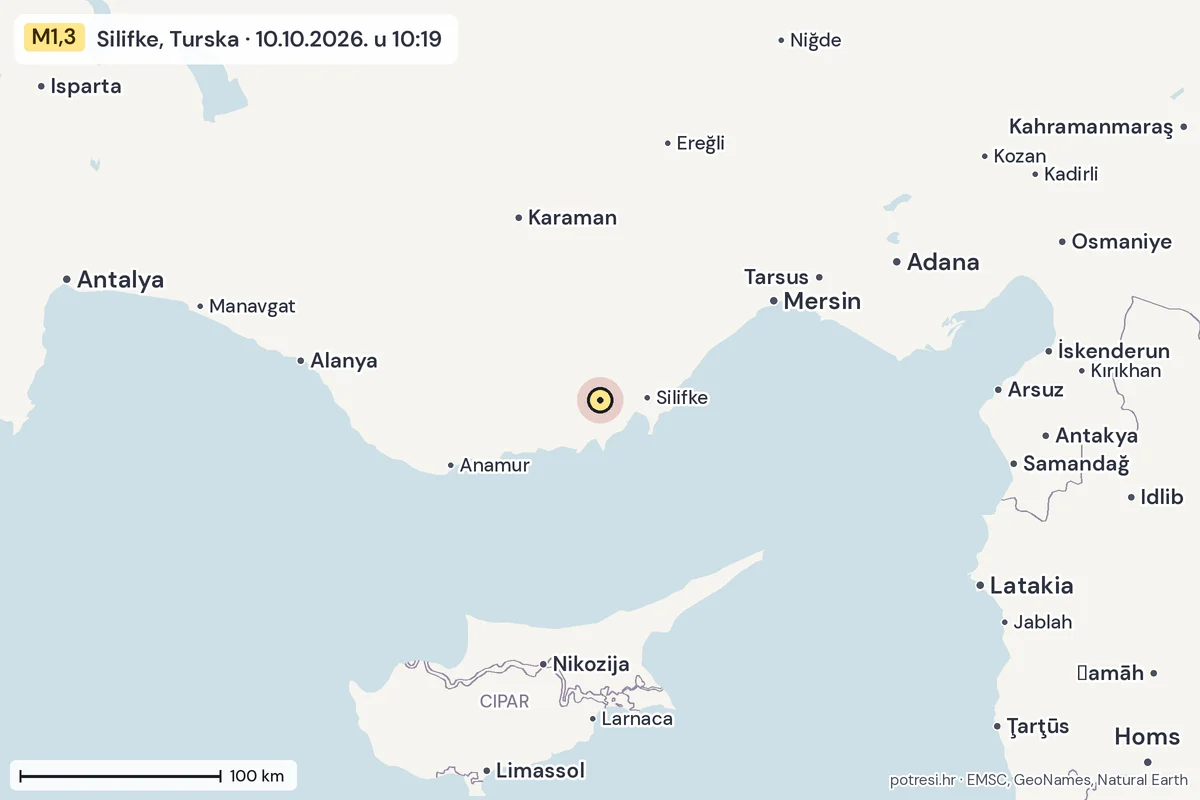 Karta: šire područje, 600 km, potres M1,3, Silifke, Turska, 10.10.2026.