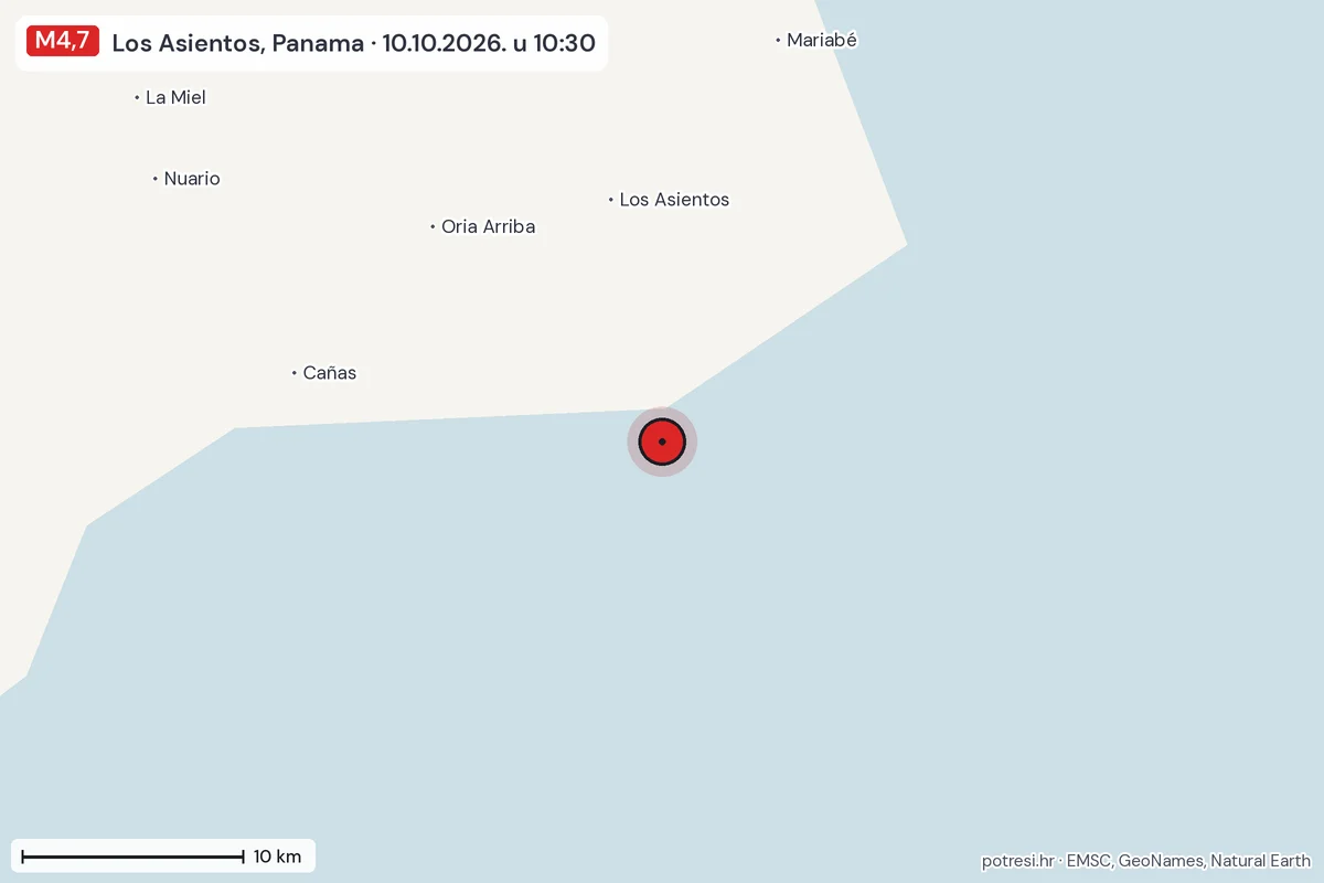 Karta: okolica epicentra, 60 km, potres M4,7, Los Asientos, Panama, 10.10.2026.