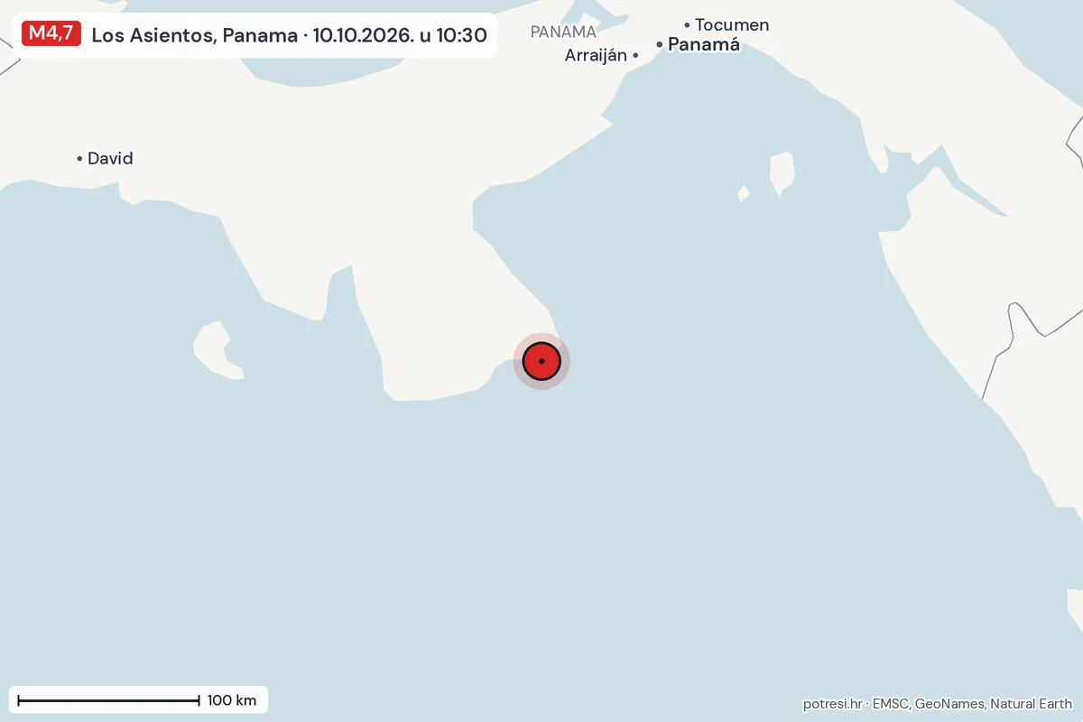 Karta: šire područje, 600 km, potres M4,7, Los Asientos, Panama, 10.10.2026.