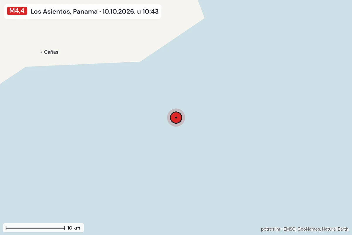 Karta: okolica epicentra, 60 km, potres M4,4, Los Asientos, Panama, 10.10.2026.