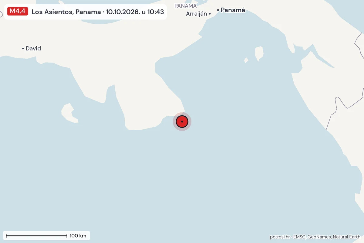Karta: šire područje, 600 km, potres M4,4, Los Asientos, Panama, 10.10.2026.