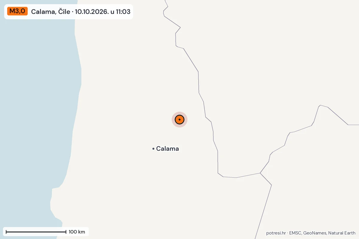 Karta: šire područje, 600 km, potres M3,0, Calama, Čile, 10.10.2026.