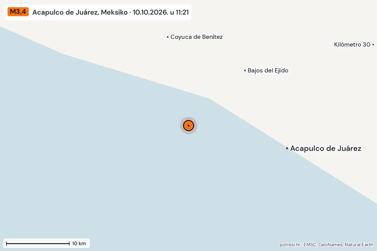 Karta: okolica epicentra, 60 km, potres M3,4, Acapulco de Juárez, Meksiko, 10.10.2026.