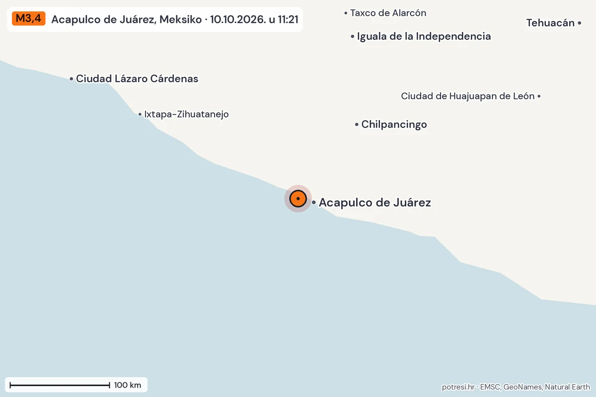 Karta: šire područje, 600 km, potres M3,4, Acapulco de Juárez, Meksiko, 10.10.2026.