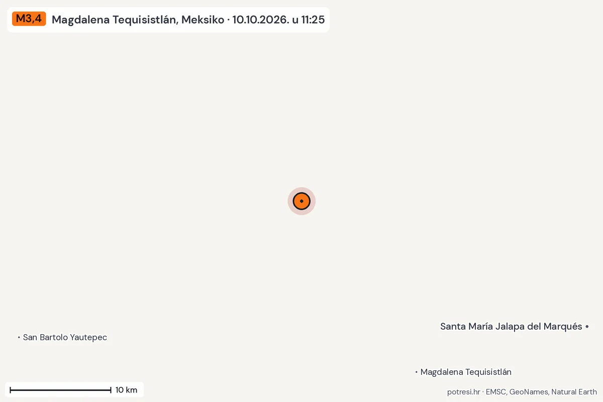 Karta: okolica epicentra, 60 km, potres M3,4, Magdalena Tequisistlán, Meksiko, 10.10.2026.