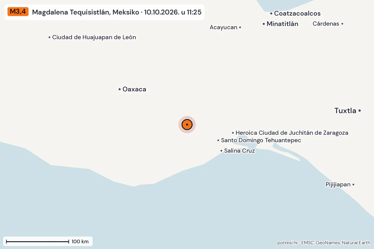 Karta: šire područje, 600 km, potres M3,4, Magdalena Tequisistlán, Meksiko, 10.10.2026.