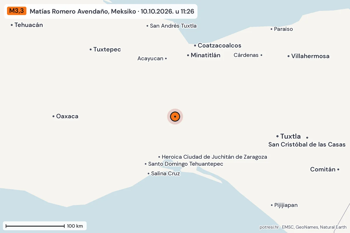 Karta: šire područje, 600 km, potres M3,3, Matías Romero Avendaño, Meksiko, 10.10.2026.