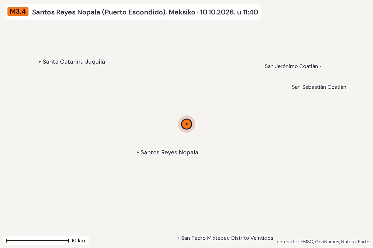 Karta: okolica epicentra, 60 km, potres M3,4, Santos Reyes Nopala (Puerto Escondido), Meksiko, 10.10.2026.