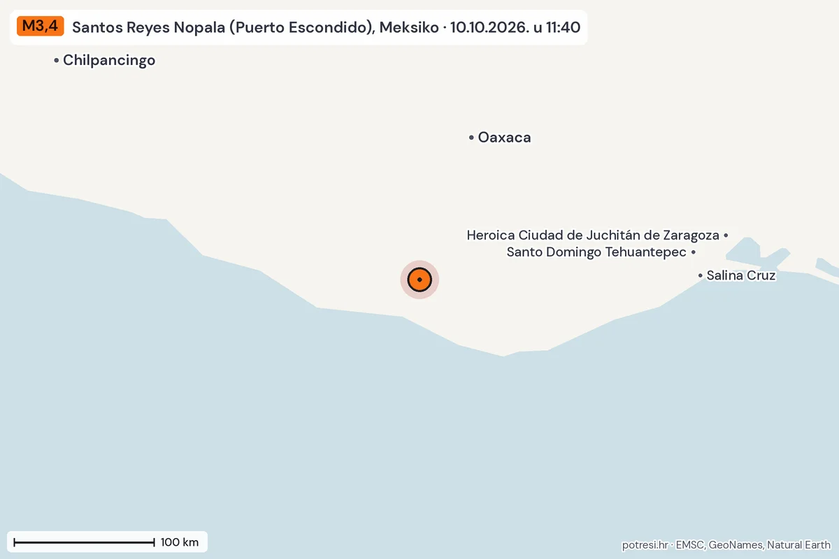 Karta: šire područje, 600 km, potres M3,4, Santos Reyes Nopala (Puerto Escondido), Meksiko, 10.10.2026.
