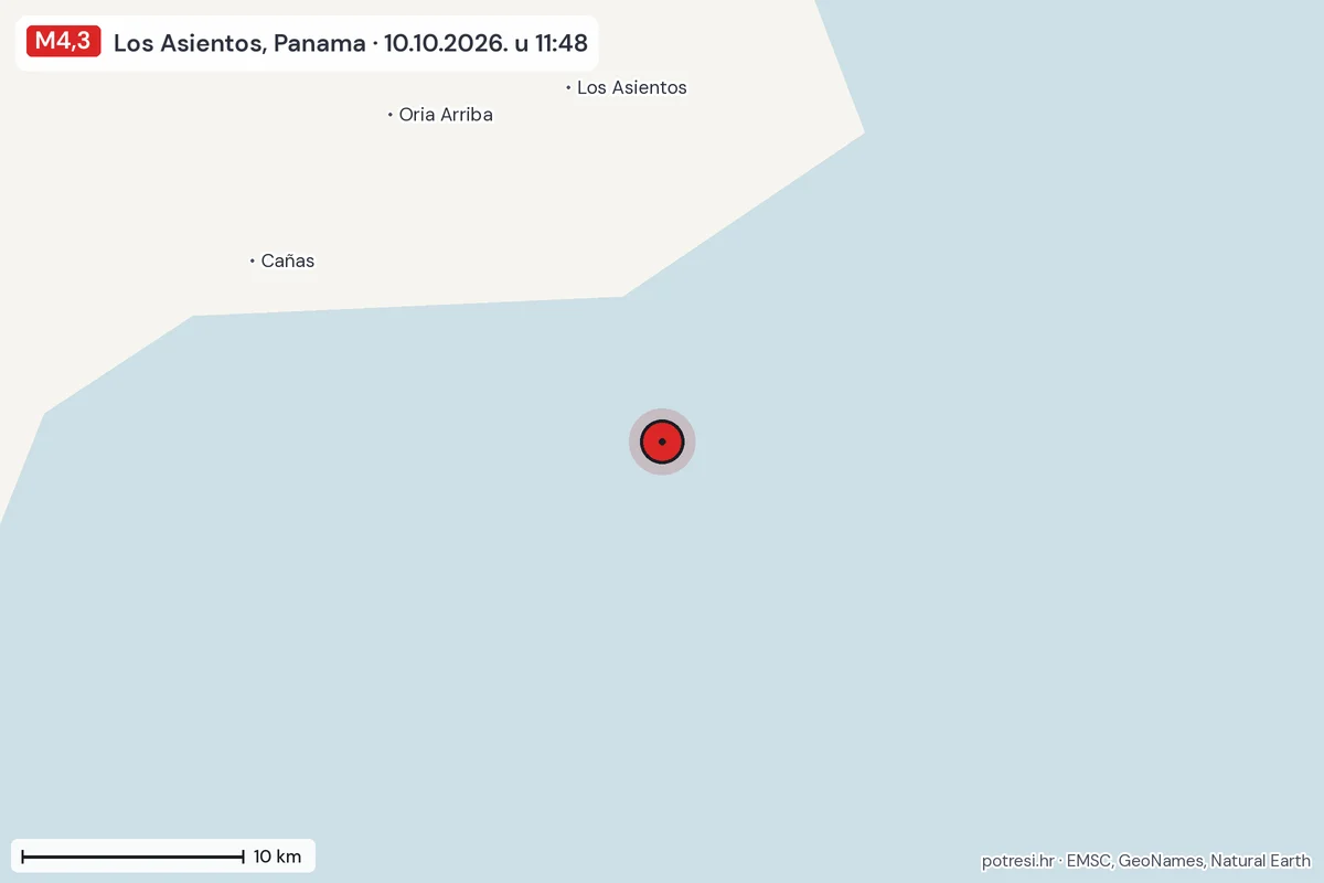 Karta: okolica epicentra, 60 km, potres M4,3, Los Asientos, Panama, 10.10.2026.