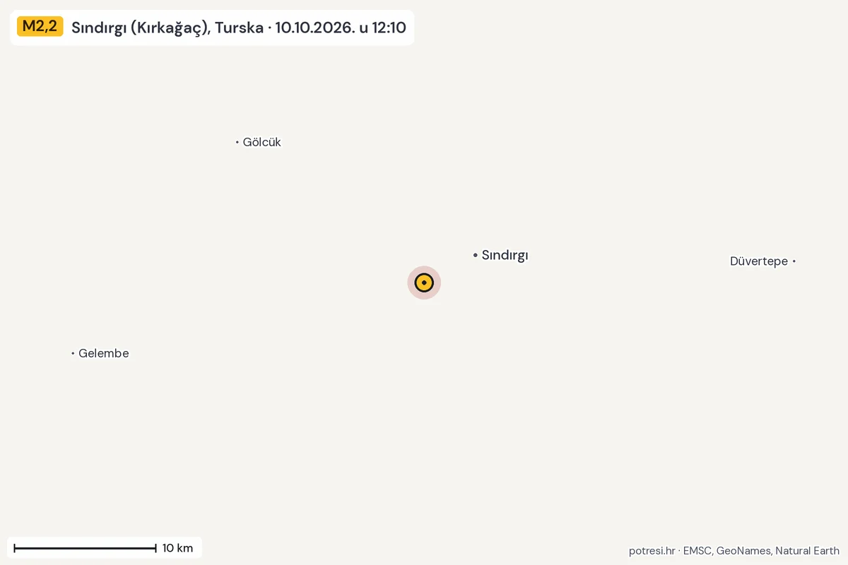 Karta: okolica epicentra, 60 km, potres M2,2, Sındırgı (Kırkağaç), Turska, 10.10.2026.