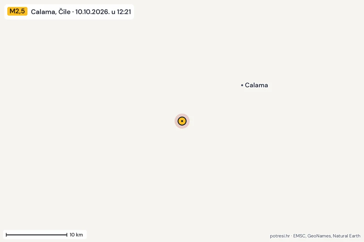 Karta: okolica epicentra, 60 km, potres M2,5, Calama, Čile, 10.10.2026.