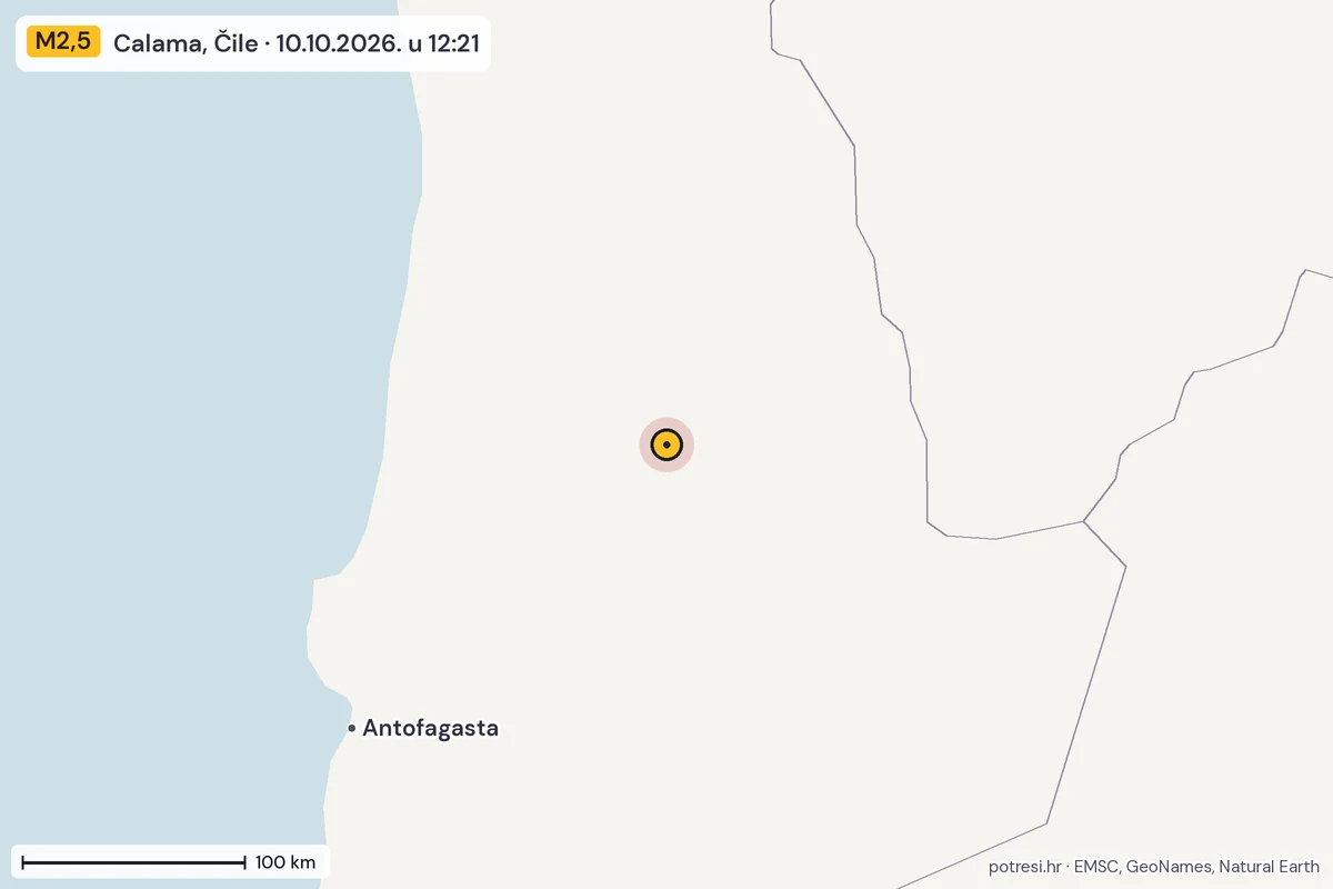 Karta: šire područje, 600 km, potres M2,5, Calama, Čile, 10.10.2026.