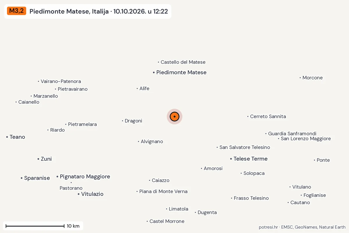 Karta: okolica epicentra, 60 km, potres M3,2, Piedimonte Matese, Italija, 10.10.2026.