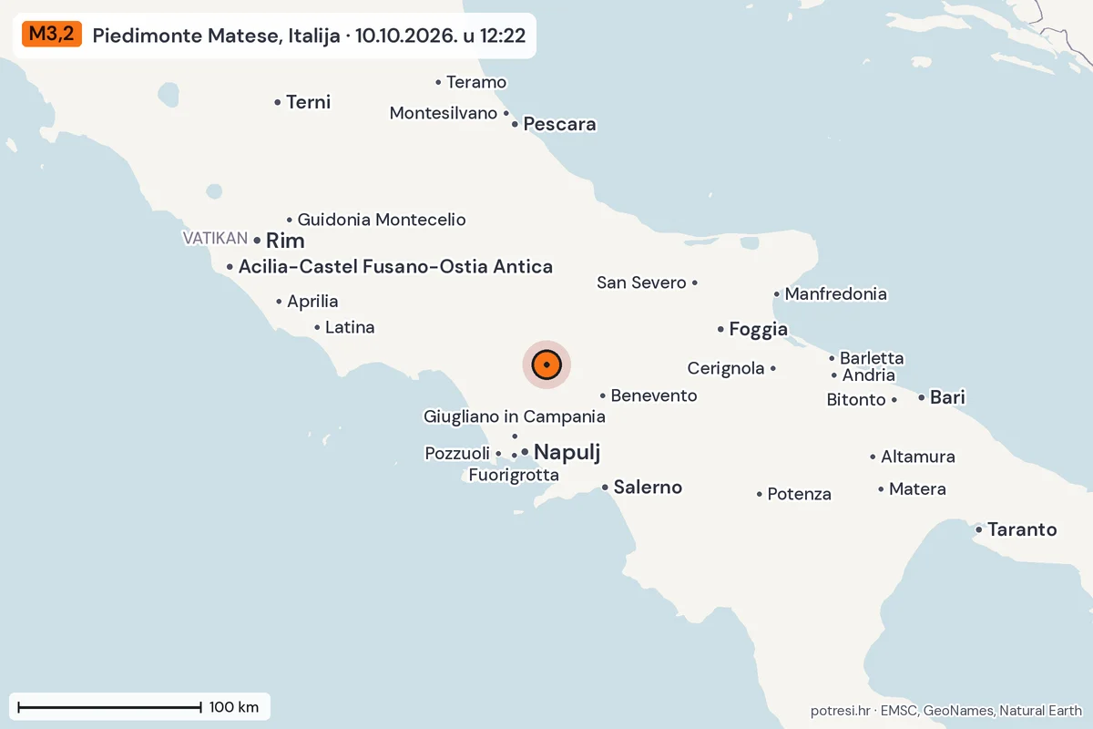 Karta: šire područje, 600 km, potres M3,2, Piedimonte Matese, Italija, 10.10.2026.