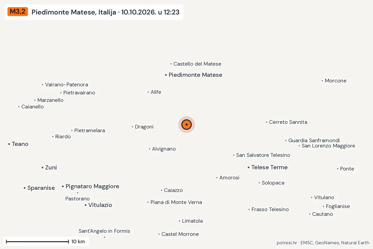 Karta: okolica epicentra, 60 km, potres M3,2, Piedimonte Matese, Italija, 10.10.2026.