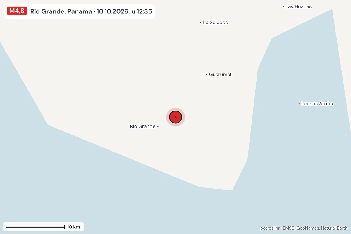 Karta: okolica epicentra, 60 km, potres M4,8, Río Grande, Panama, 10.10.2026.
