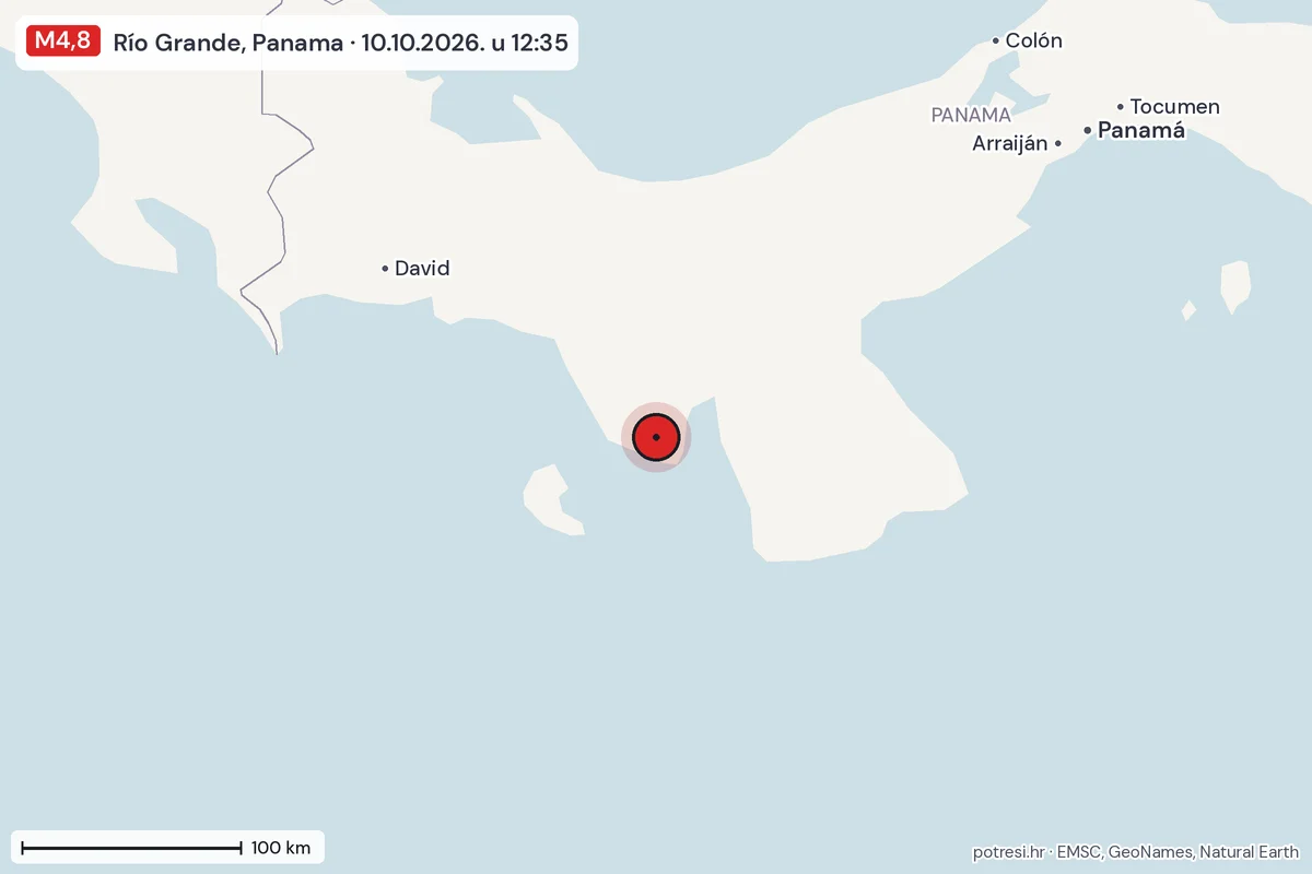 Karta: šire područje, 600 km, potres M4,8, Río Grande, Panama, 10.10.2026.