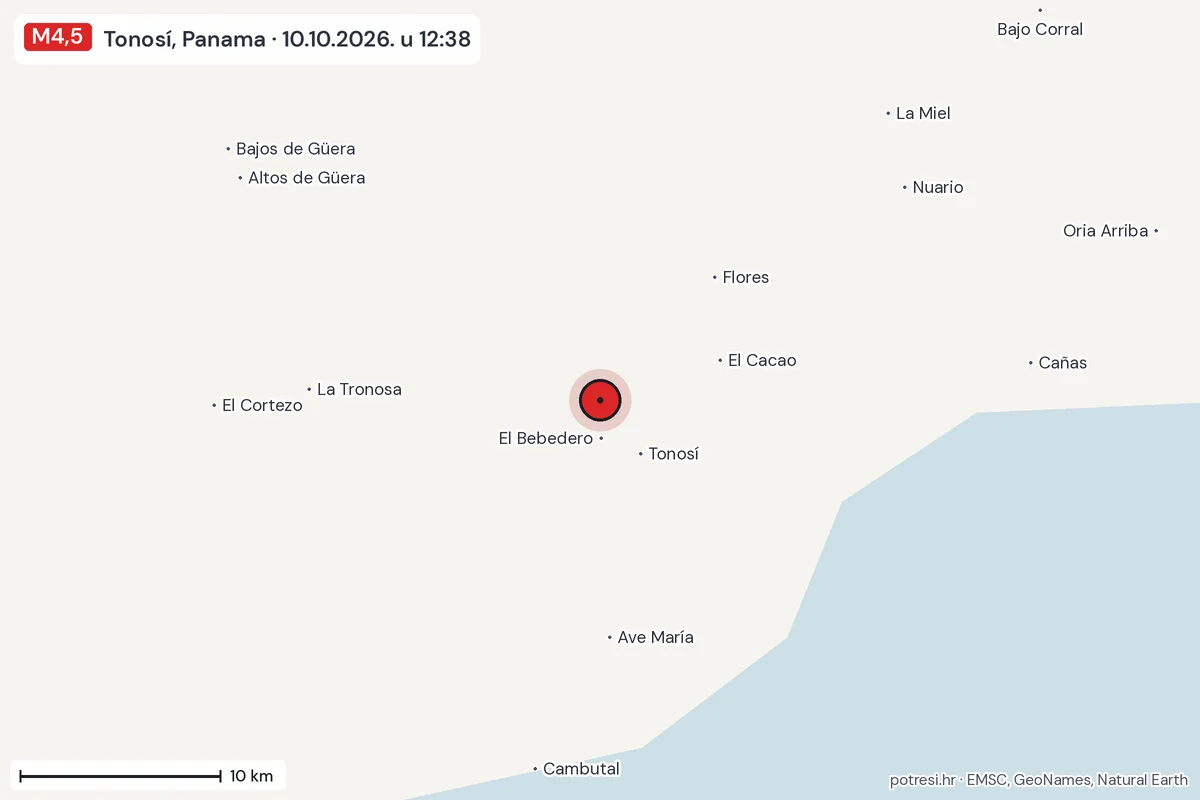 Karta: okolica epicentra, 60 km, potres M4,5, Tonosí, Panama, 10.10.2026.
