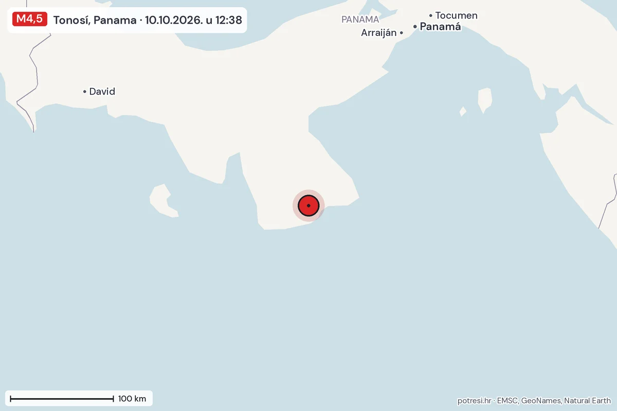 Karta: šire područje, 600 km, potres M4,5, Tonosí, Panama, 10.10.2026.