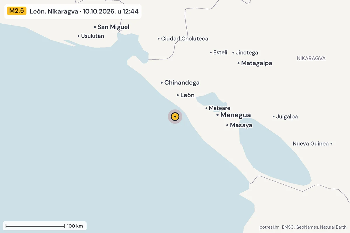 Karta: šire područje, 600 km, potres M2,5, León, Nikaragva, 10.10.2026.