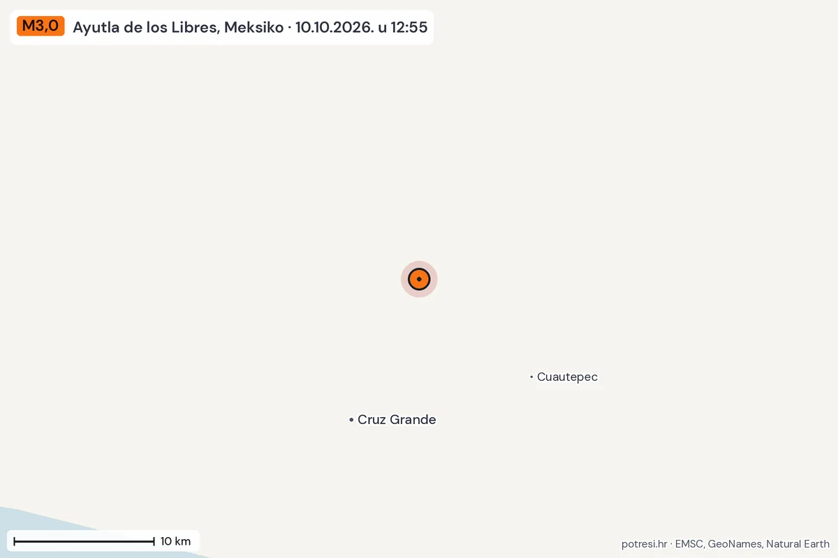 Karta: okolica epicentra, 60 km, potres M3,0, Ayutla de los Libres, Meksiko, 10.10.2026.
