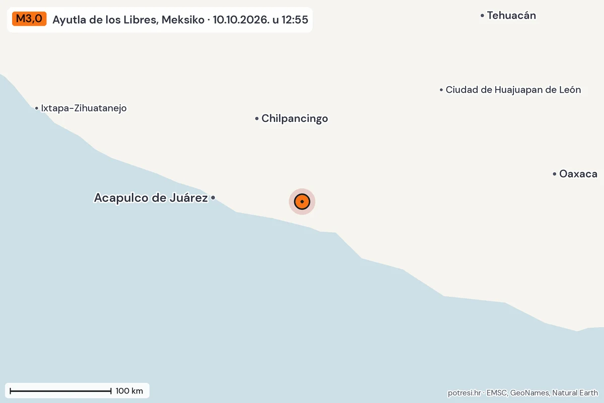 Karta: šire područje, 600 km, potres M3,0, Ayutla de los Libres, Meksiko, 10.10.2026.