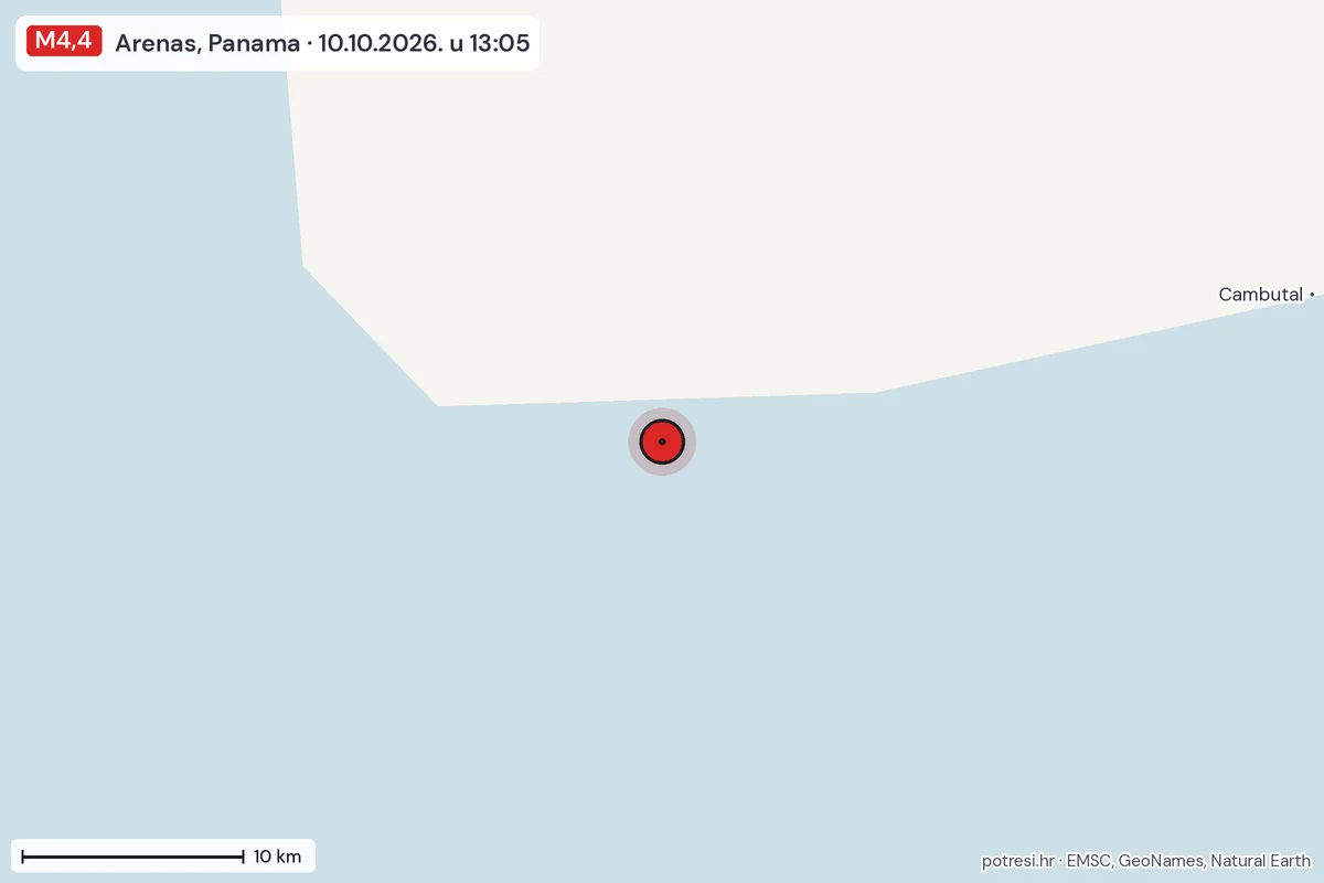 Karta: okolica epicentra, 60 km, potres M4,4, Arenas, Panama, 10.10.2026.