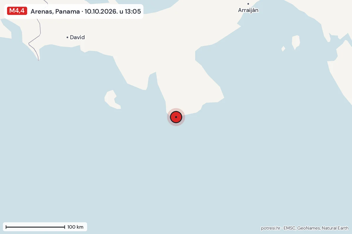 Karta: šire područje, 600 km, potres M4,4, Arenas, Panama, 10.10.2026.