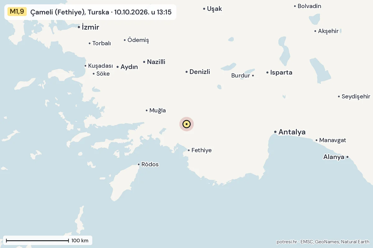 Karta: šire područje, 600 km, potres M1,9, Çameli (Fethiye), Turska, 10.10.2026.