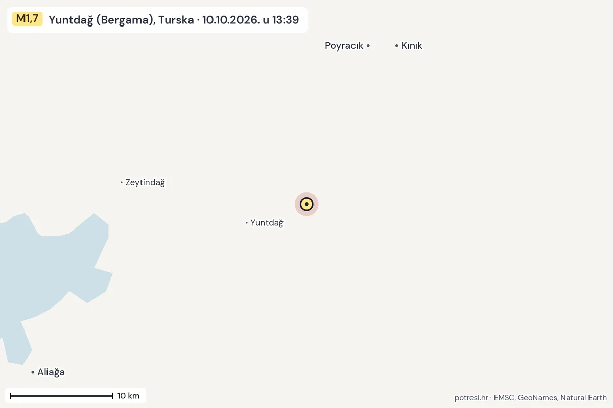 Karta: okolica epicentra, 60 km, potres M1,7, Yuntdağ (Bergama), Turska, 10.10.2026.