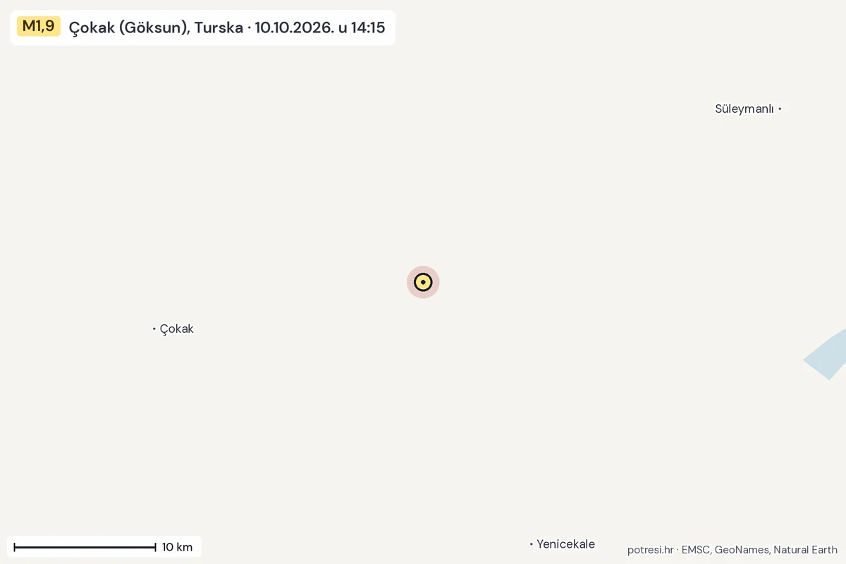 Karta: okolica epicentra, 60 km, potres M1,9, Çokak (Göksun), Turska, 10.10.2026.
