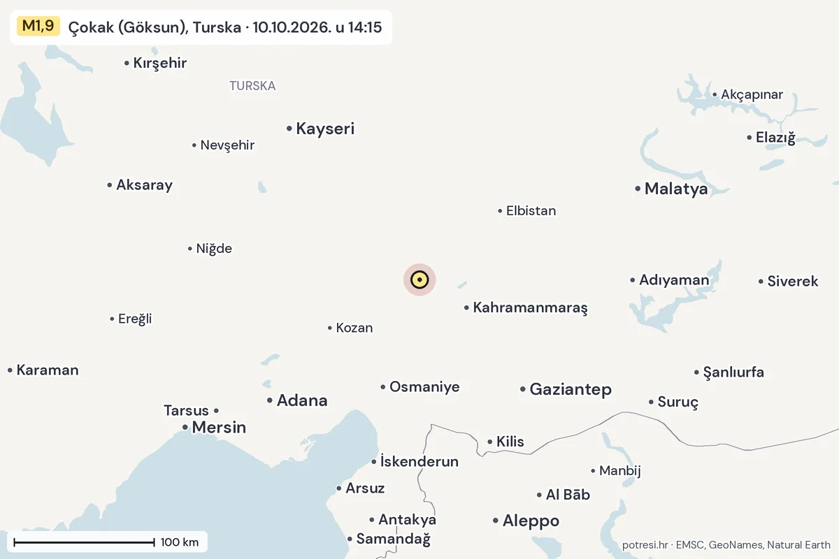 Karta: šire područje, 600 km, potres M1,9, Çokak (Göksun), Turska, 10.10.2026.