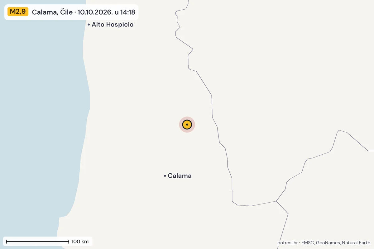 Karta: šire područje, 600 km, potres M2,9, Calama, Čile, 10.10.2026.