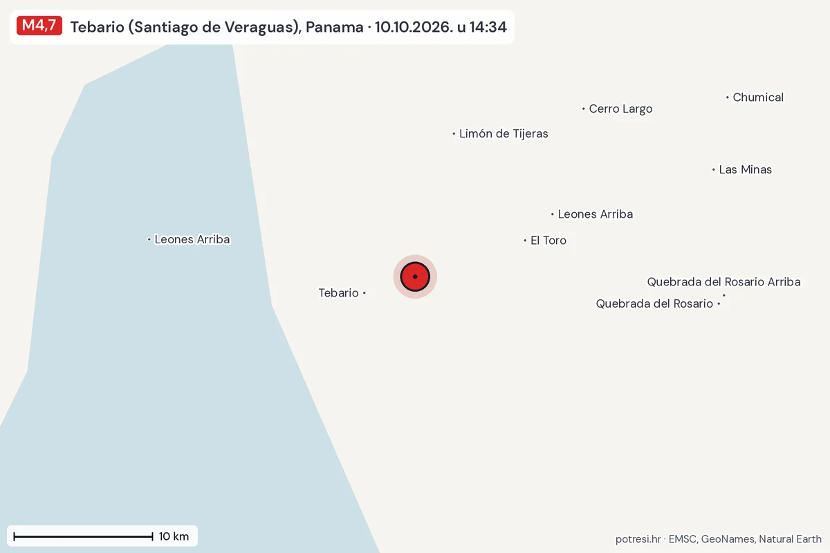 Karta: okolica epicentra, 60 km, potres M4,7, Tebario (Santiago de Veraguas), Panama, 10.10.2026.