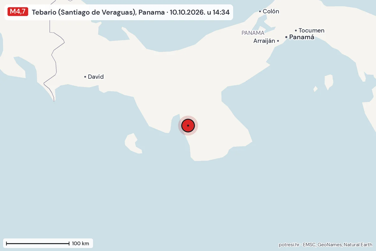 Karta: šire područje, 600 km, potres M4,7, Tebario (Santiago de Veraguas), Panama, 10.10.2026.