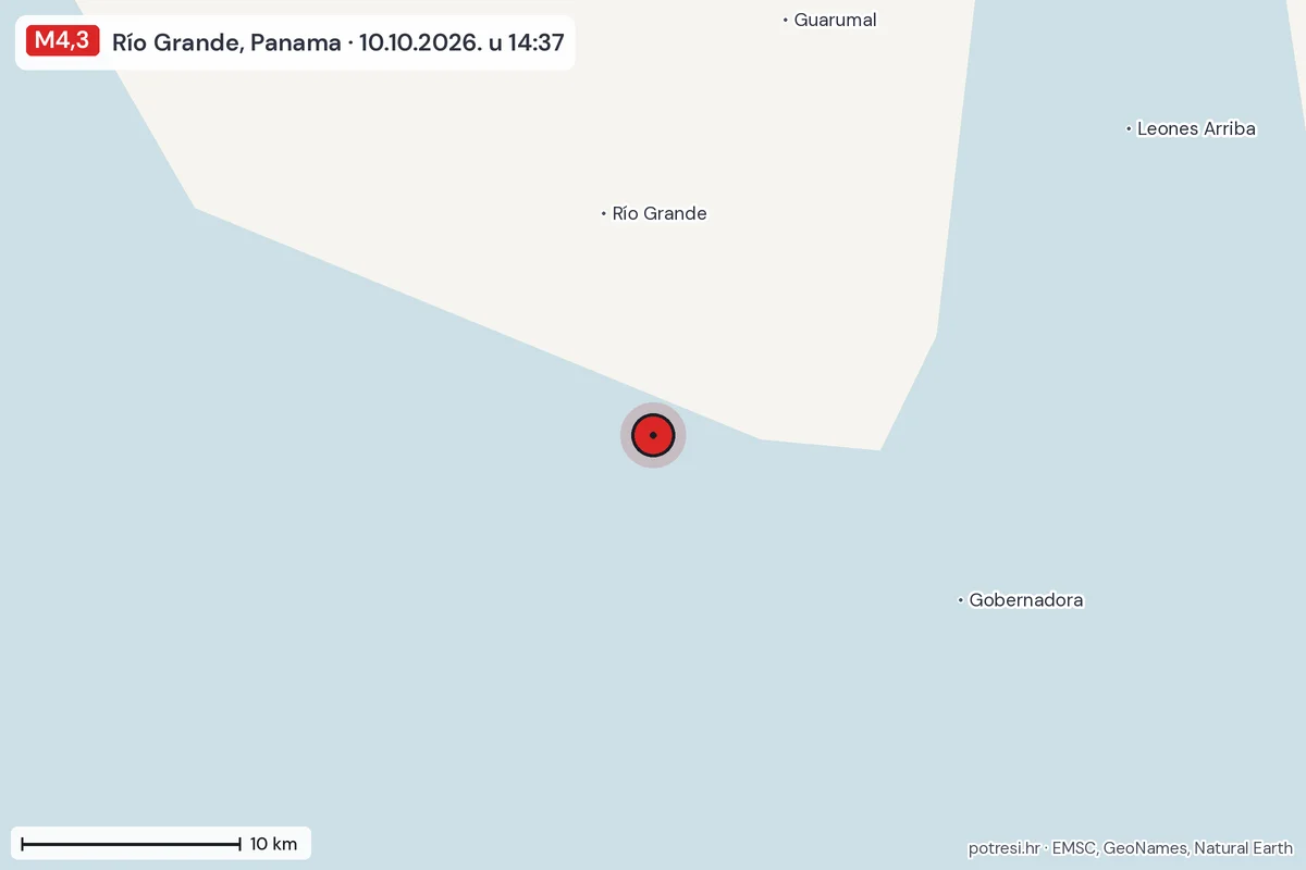 Karta: okolica epicentra, 60 km, potres M4,3, Río Grande, Panama, 10.10.2026.