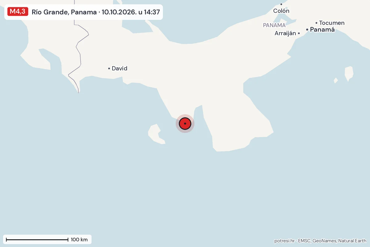 Karta: šire područje, 600 km, potres M4,3, Río Grande, Panama, 10.10.2026.