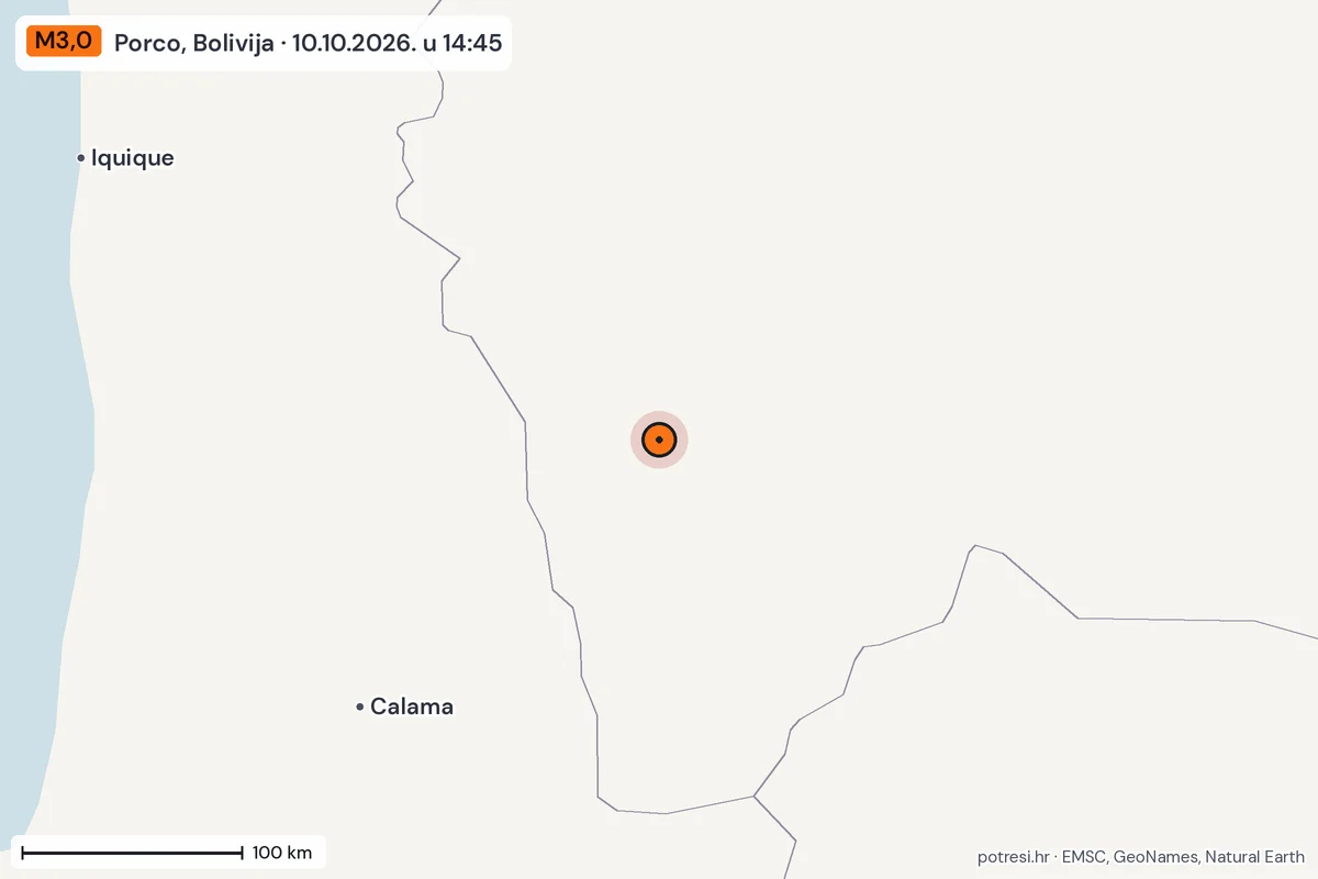 Karta: šire područje, 600 km, potres M3,0, Porco, Bolivija, 10.10.2026.