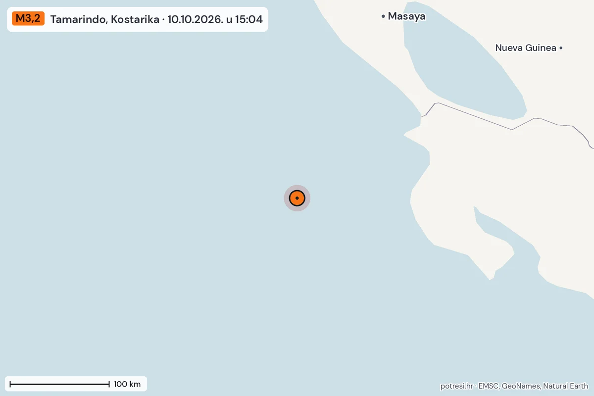 Karta: šire područje, 600 km, potres M3,2, Tamarindo, Kostarika, 10.10.2026.