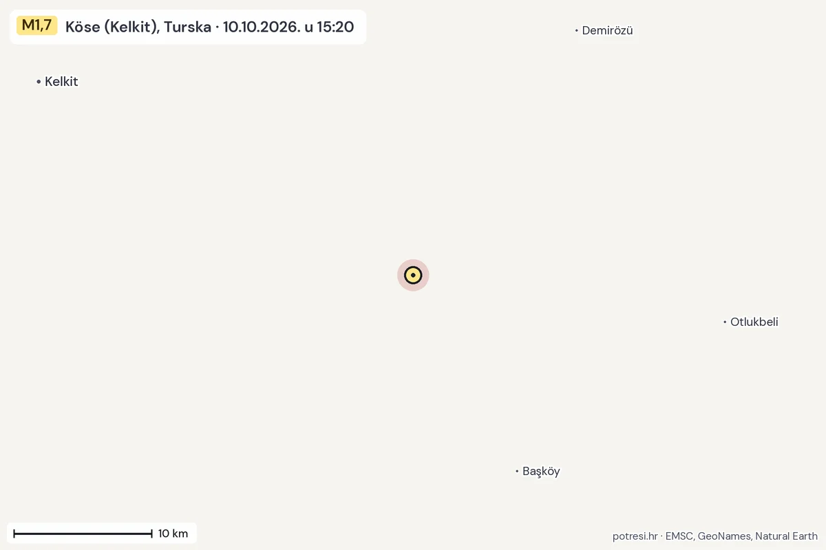 Karta: okolica epicentra, 60 km, potres M1,7, Köse (Kelkit), Turska, 10.10.2026.