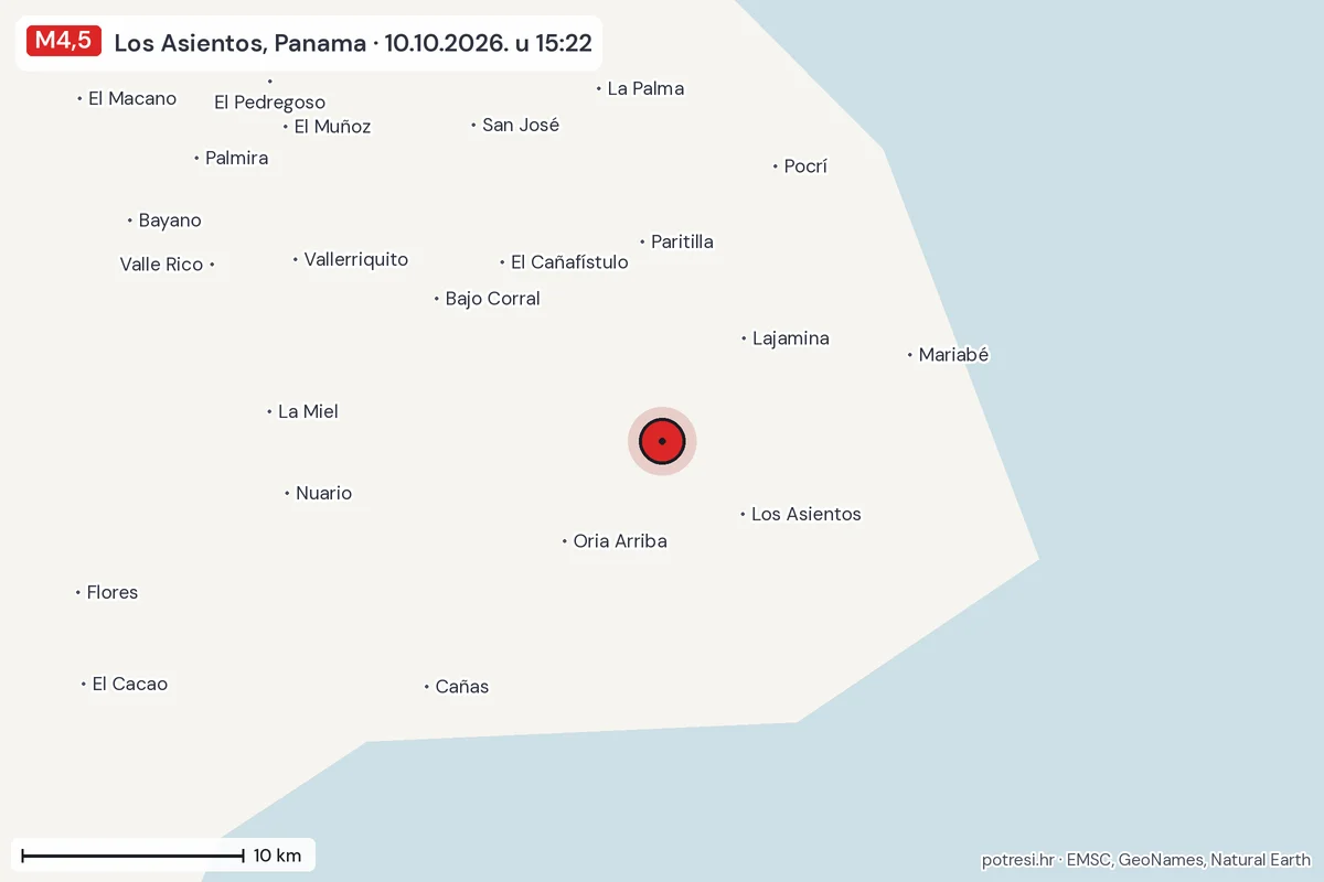 Karta: okolica epicentra, 60 km, potres M4,5, Los Asientos, Panama, 10.10.2026.