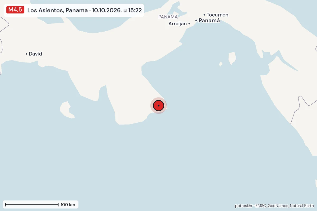 Karta: šire područje, 600 km, potres M4,5, Los Asientos, Panama, 10.10.2026.