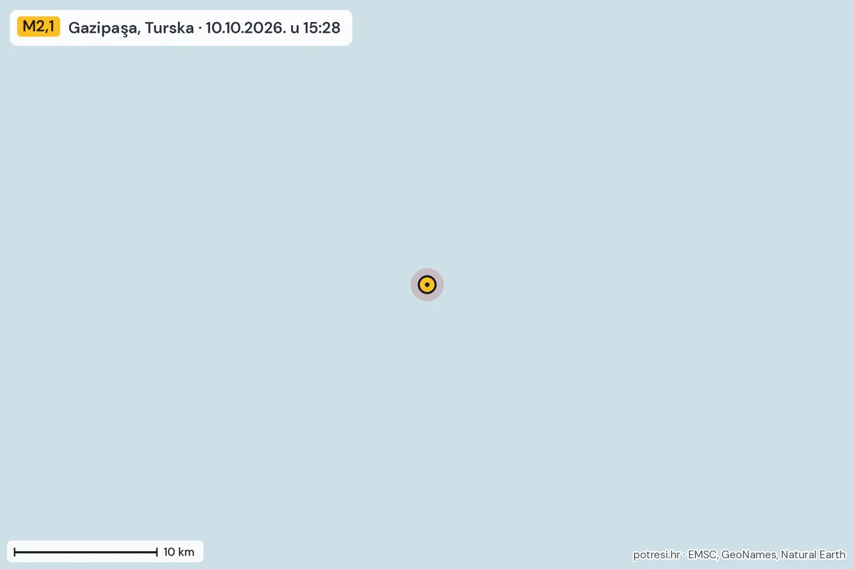 Karta: okolica epicentra, 60 km, potres M2,1, Gazipaşa, Turska, 10.10.2026.