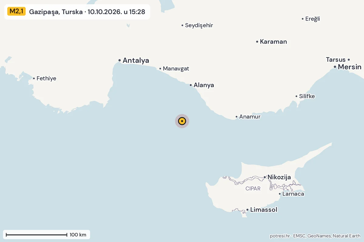 Karta: šire područje, 600 km, potres M2,1, Gazipaşa, Turska, 10.10.2026.