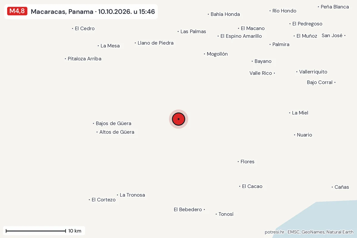 Karta: okolica epicentra, 60 km, potres M4,8, Macaracas, Panama, 10.10.2026.