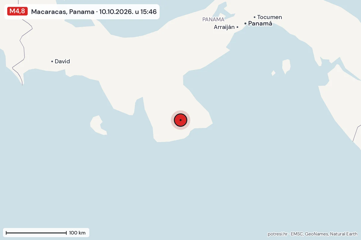 Karta: šire područje, 600 km, potres M4,8, Macaracas, Panama, 10.10.2026.