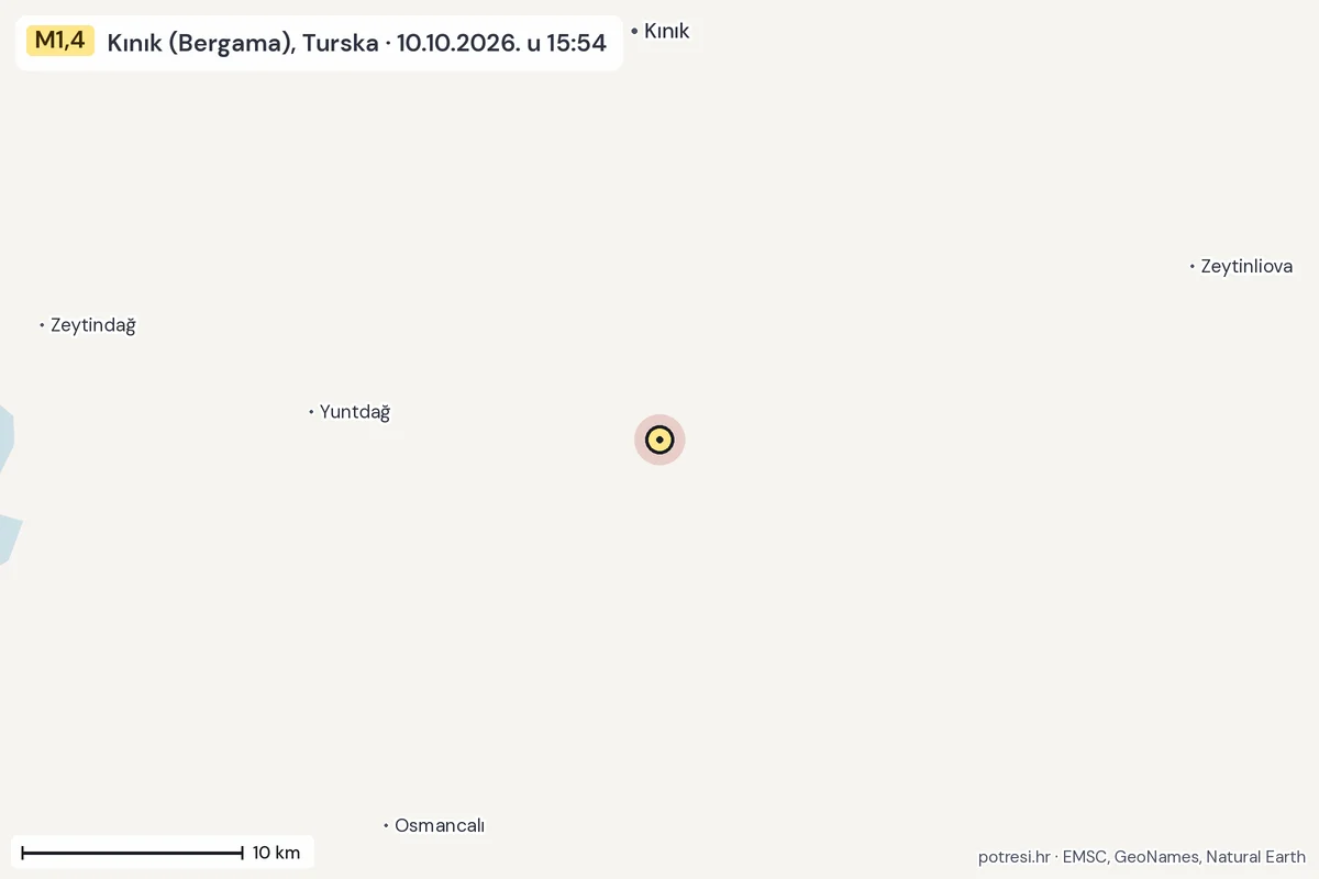 Karta: okolica epicentra, 60 km, potres M1,4, Kınık (Bergama), Turska, 10.10.2026.